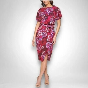 KENSIE Womens Crepe Midi Sheath Dolman Sleeve w/ Belt Dress SIZE 4 Multi Floral